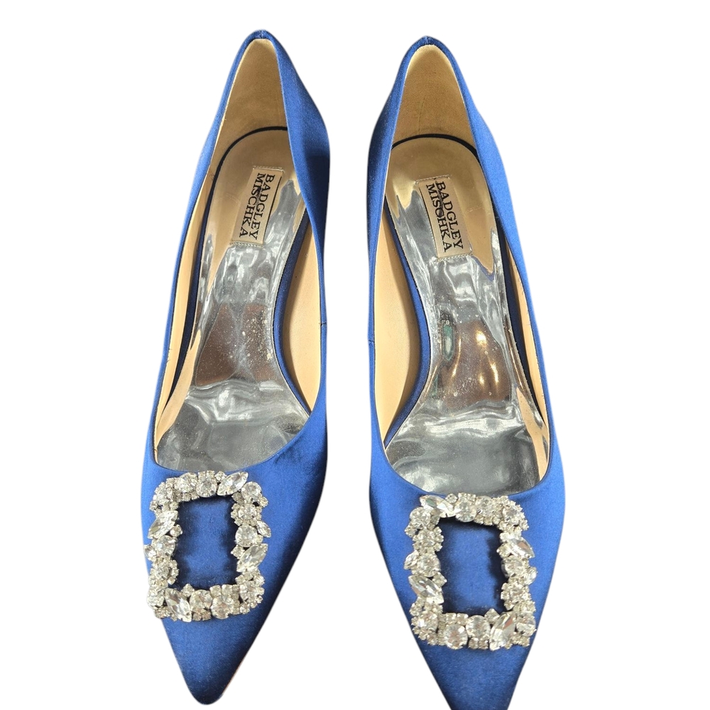 Badgley Mischka Royal Blue Satin Heels with Crystal Buckle